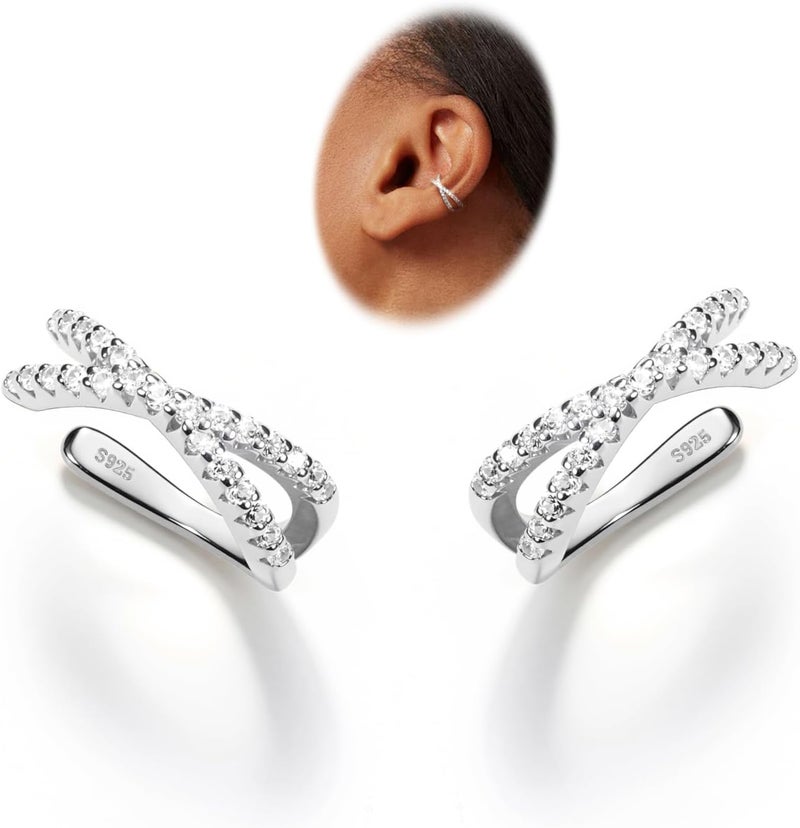 Krfy 2Pcs Adjustable Ear Cuff S925 Sterling Silver Ear Cuffs Non Piercing Cuff Earrings for Women 5A Cubic Zirconia Clip On Cartilage Helix Conch Fake Earrings Hypoallergenic - Image 1